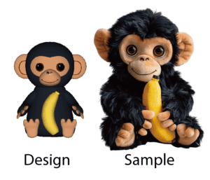 Custom plush monkey design compared with the finished prototype sample