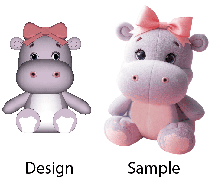 Custom plush hippo design compared with the finished prototype sample